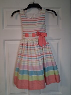 Bonnie Jean Pastel Striped Sleeveless Formal Dress with Coral Bow Size 7